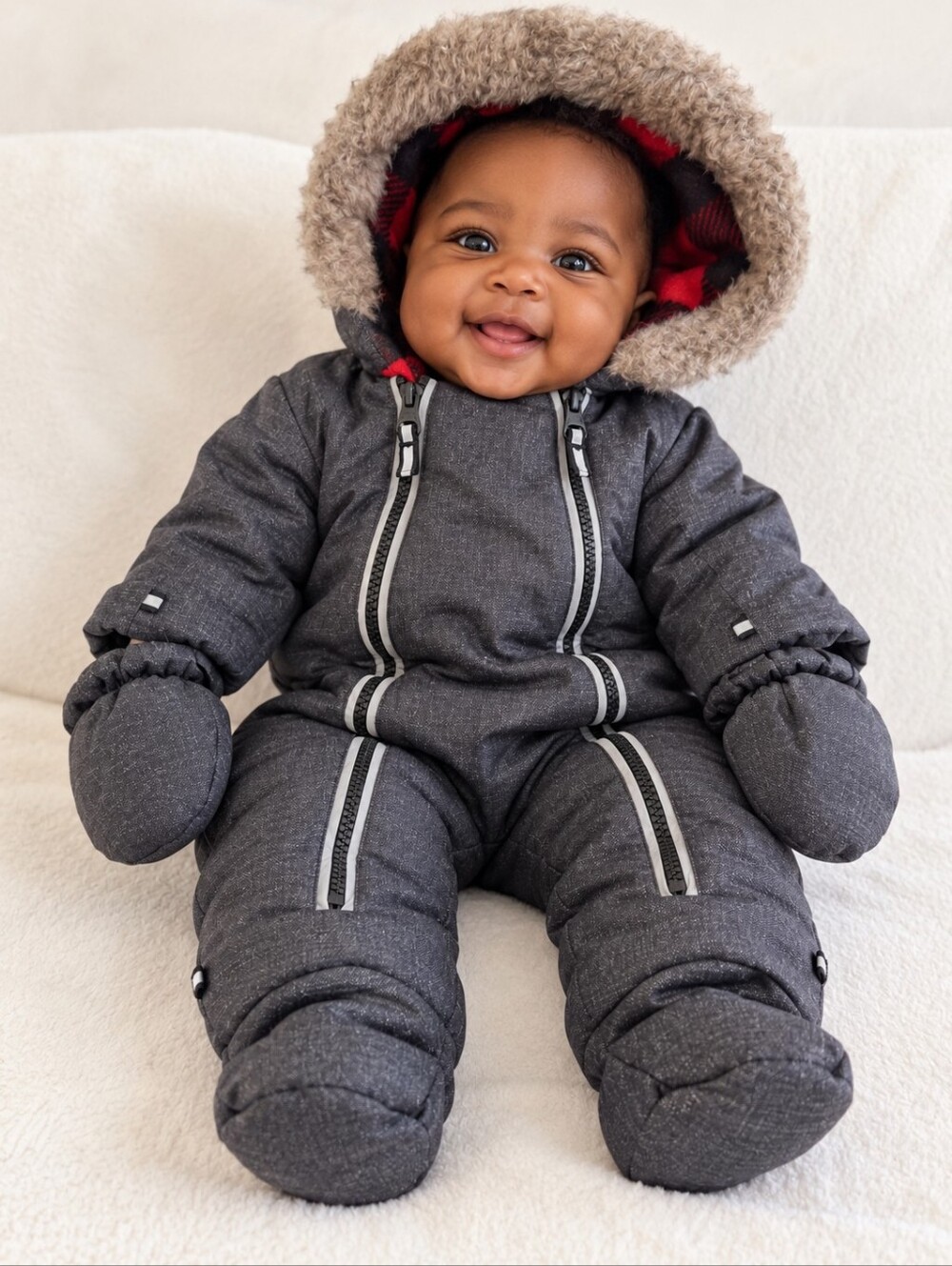 Baby 3–6 Months Gray Faux Fur Hooded Snowsuit with Mittens